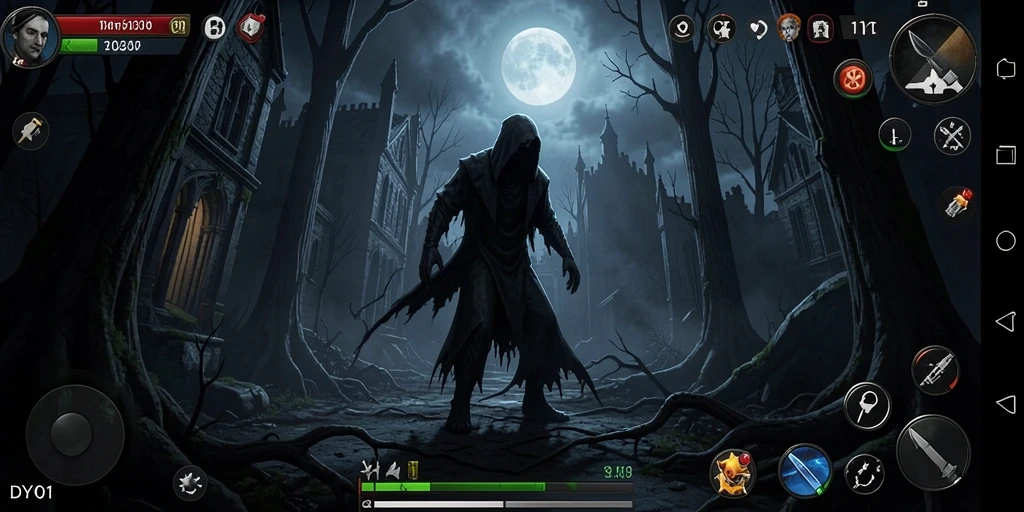 Screenshot gameplay DY01 memperlihatkan suasana mencekam dan hantu yang mengintai.
