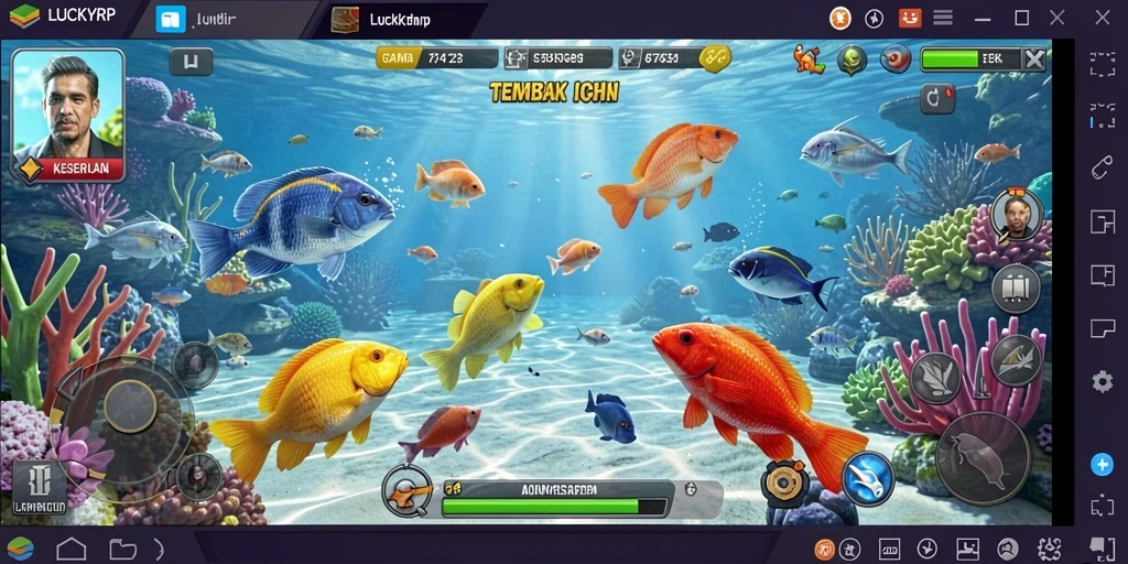 Gameplay seru LUCKYRP saat menembak ikan di bawah laut.
